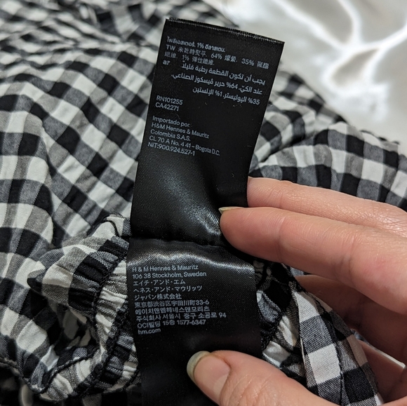 H&M Women's US Medium-Large Gingham Checkered Black/White Ruffled Peplum Blouse - Picture 7 of 8